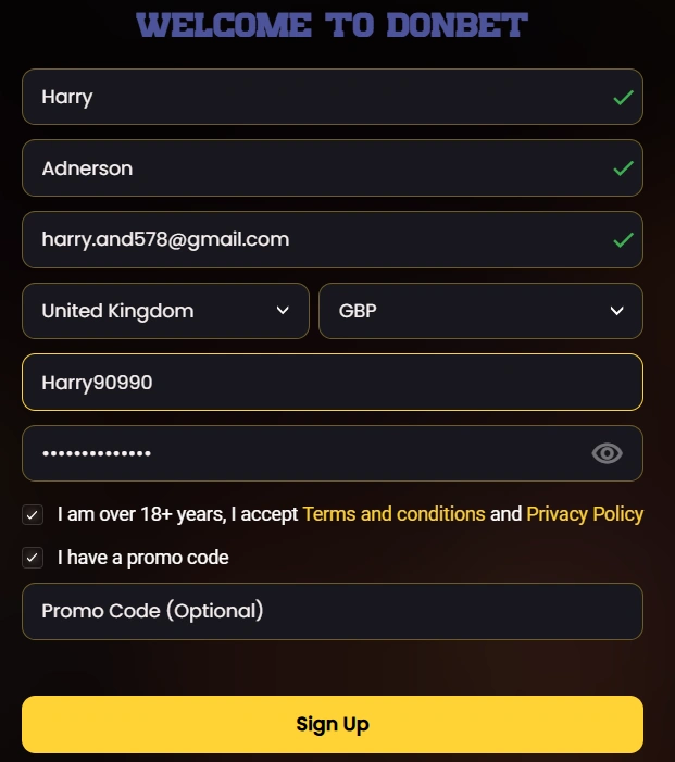 Donbet casino registration form on desktop and mobile